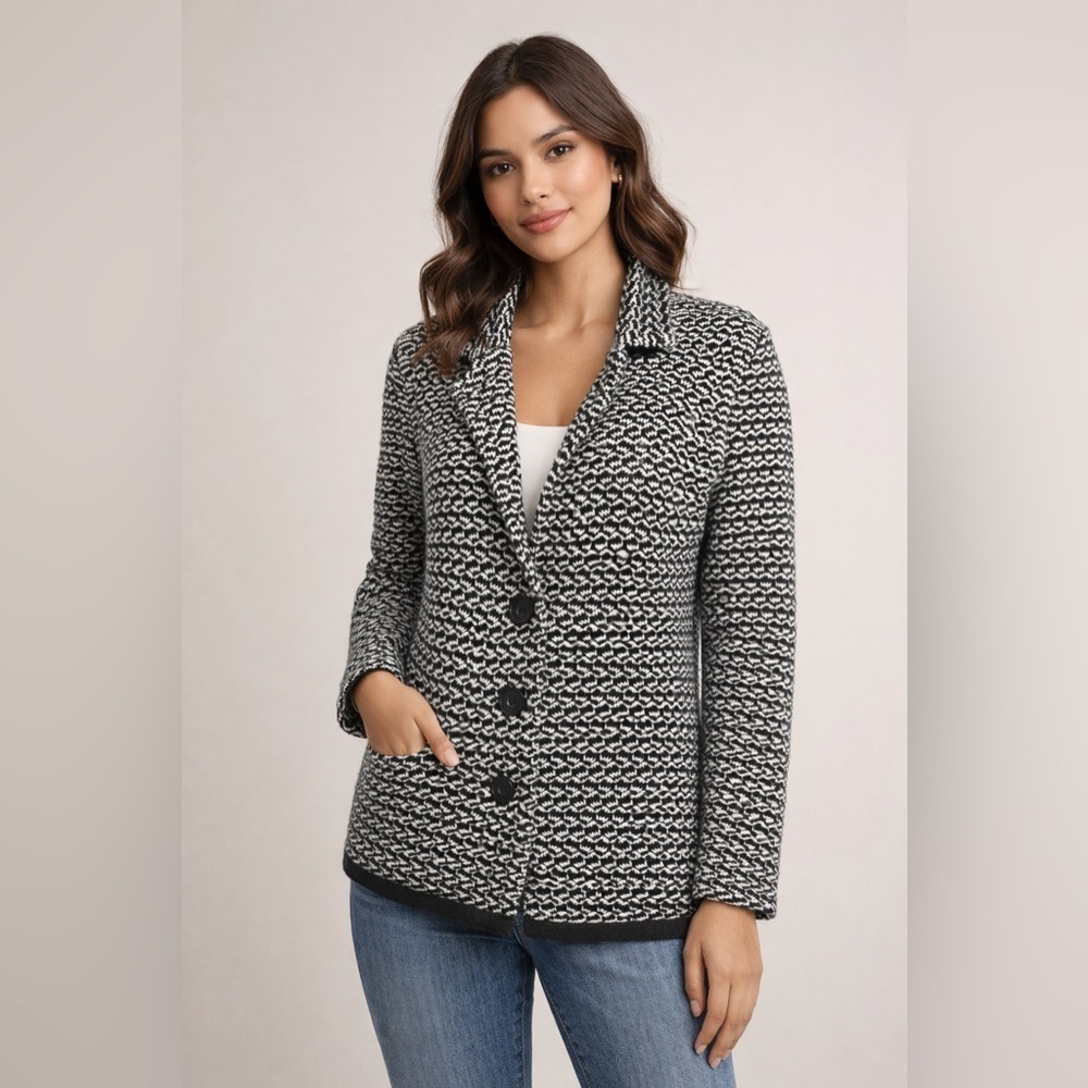 Black & White Knit Blazer Sweater Jacket Button Front Classic Size M